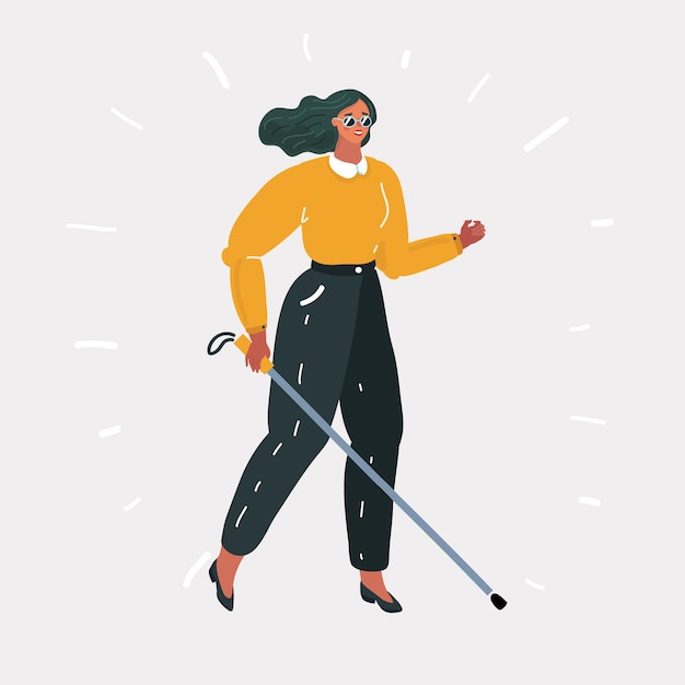 Mujer ciega asiática de pie con bastón en casa. Joven ciega con gafas oscuras de pie con bastón en casa. Mujer ciega caminando con bastón. Ilustración de diseño plano de vector. Disposición cuadrada.