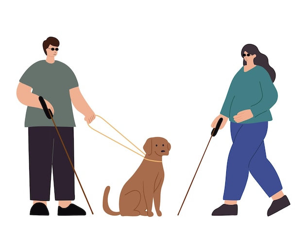 Mujer ciega y hombre ciego con su perro guía de asistencia caminando afuera