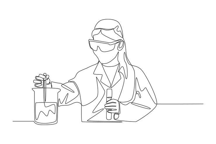 Vector mujer científica de dibujo continuo de una línea con gafas transparentes realiza pruebas con líquido en el tubo concepto científico ilustración gráfica vectorial de diseño de dibujo de una sola línea