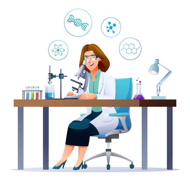 Mujer científica haciendo investigación científica en laboratorio dirigiendo experimentos científicos ilustración