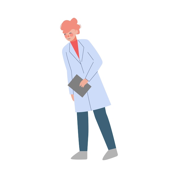Mujer científica o personaje médico mujer con abrigo blanco de pie con portapapeles de estilo vector plano