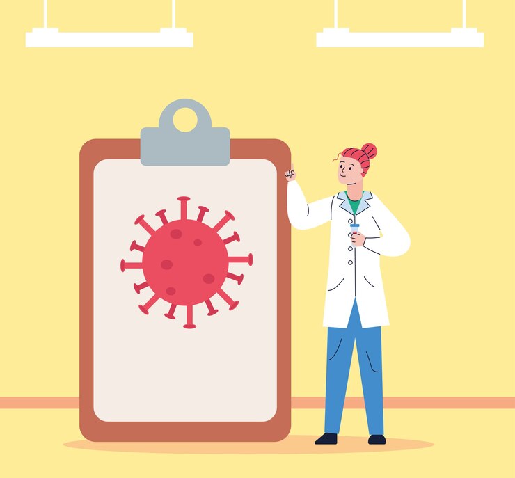 Vector mujer científica con portapapeles y vacuna de investigación de partículas covid19