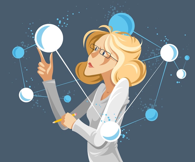 Mujer científica que descubre microelementos como moléculas o átomos ilustración conceptual vectorial, alegoría de la neurociencia, investigación de laboratorio.