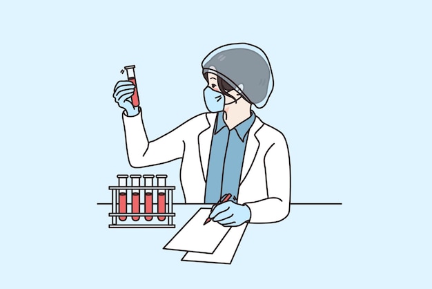 Mujer científica con uniforme médico y sombrero trabaja con tubos en laboratorio. una investigadora o un especialista experimentan un descubrimiento que desarrolla una vacuna en el laboratorio. investigación y ciencia. ilustración vectorial