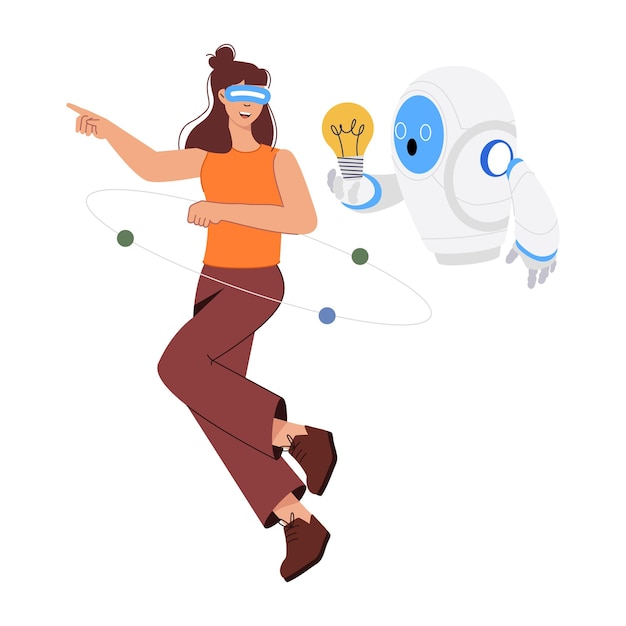 una mujer con una cinta para la cabeza y un robot con una bombilla en el fondo
