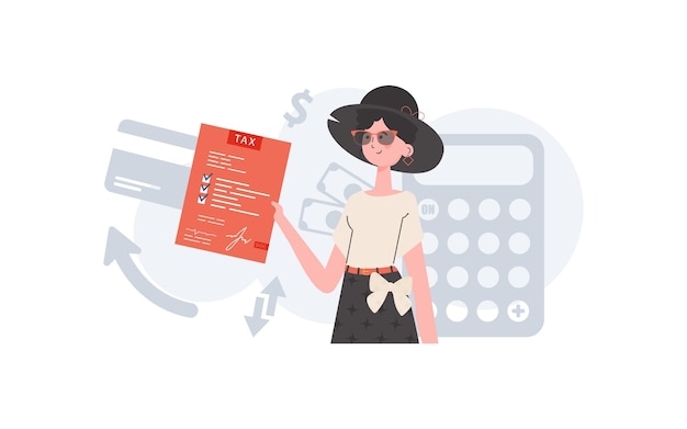 Una mujer se para hasta la cintura y sostiene en sus manos una forma de impuestos pagados Elemento de impuestos para la presentación Ilustración vectorial