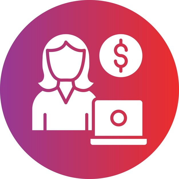 una mujer en un círculo rosa y púrpura con una mujer delante de su computadora