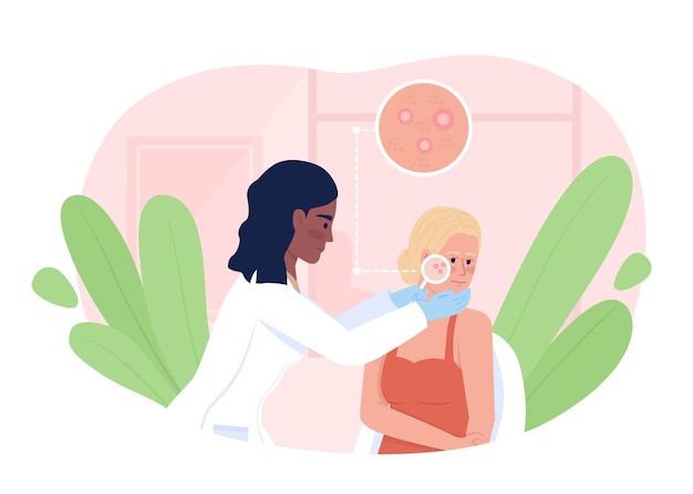 Mujer en la cita del dermatólogo 2d vector ilustración aislada