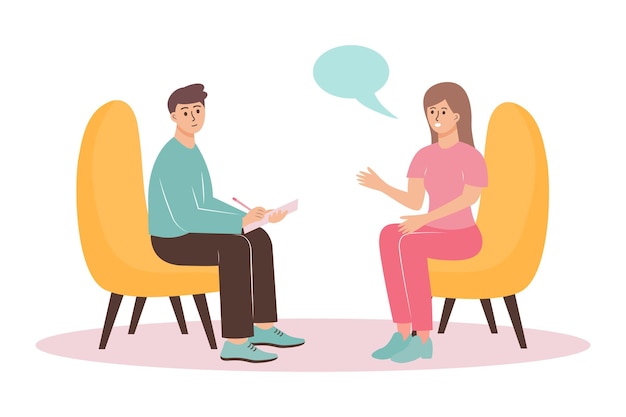 Mujer en la cita con el psicólogo habla de sus problemas Psicoterapeuta masculino sentado en la parte delantera