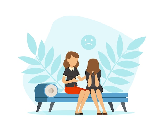 Mujer en una cita con un psicólogo sentada en el sofá con la cabeza inclinada y llorando Ilustración vectorial