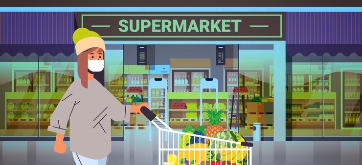 Vector mujer cliente en máscara protectora médica empujando carro carro cuarentena concepto de epidemia de coronavirus personas comprando productos en el supermercado supermercado retrato exterior horizontal