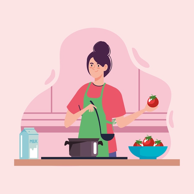 Vector mujer, cocina, llevando, verde, delantal