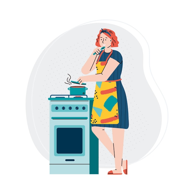 Mujer cocinando alimentos en la estufa de la cocina de dibujos animados