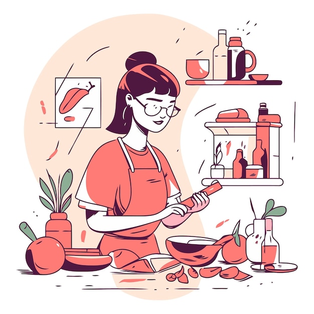 Vector mujer cocinando en la cocina al estilo de dibujos animados niña con delantal y gafas cocinando comida