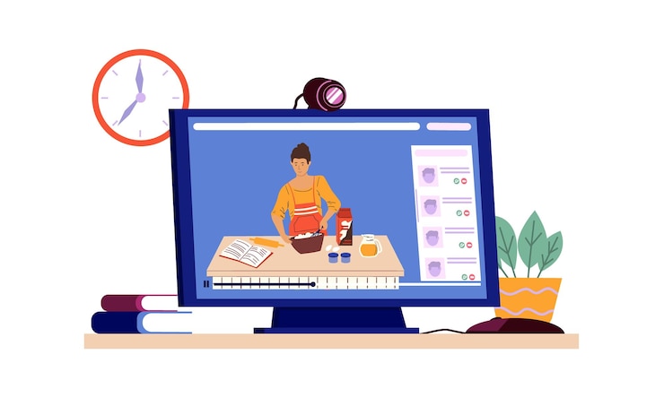 Vector mujer cocinando en la cocina canal de vlog culinario monitoreo de computadora y libros de recetas preparación de alimentos transmisión de videos de bloggers prepare la comida tutorial ilustración vectorial