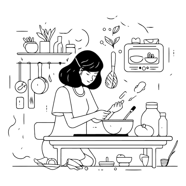 Vector mujer cocinando en la cocina en estilo de arte en línea
