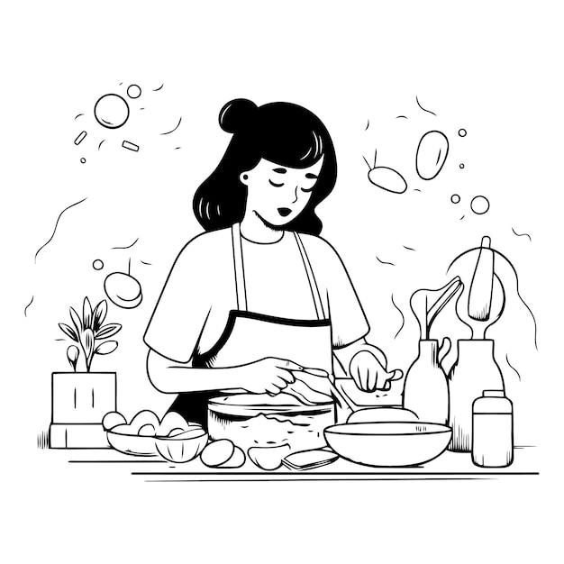 Vector mujer cocinando en la cocina en estilo de arte en línea