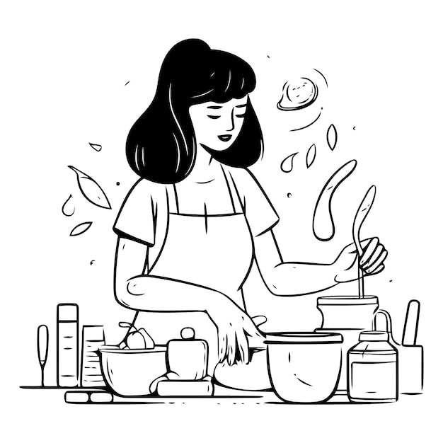 Mujer cocinando en la cocina en estilo doodle