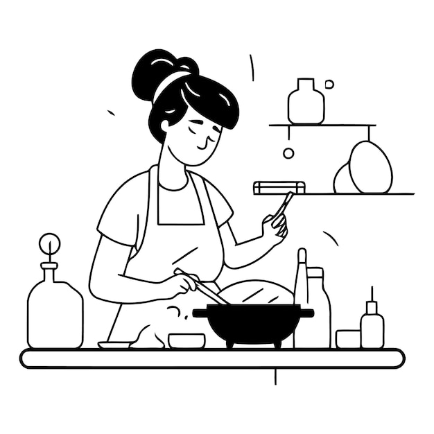 Mujer cocinando en la cocina en un estilo plano