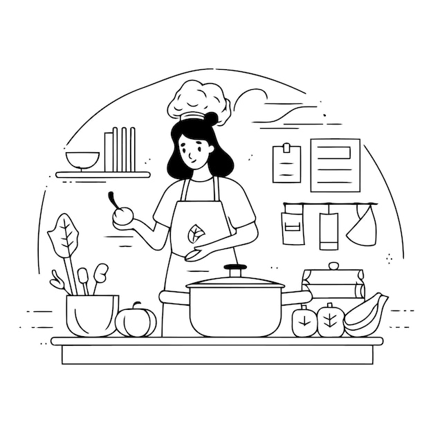 Mujer cocinando en la cocina ilustración de línea vectorial en fondo blanco