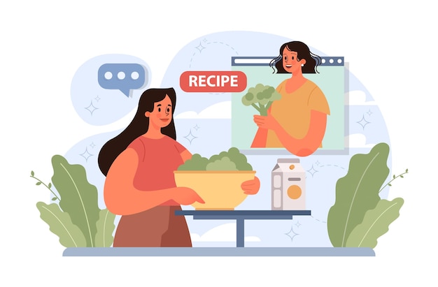 Mujer cocinando comida saludable con personaje femenino tutorial en línea