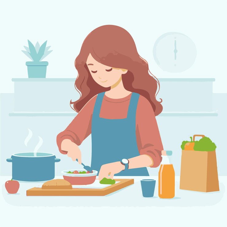 Vector una mujer cocinando una comida saludable