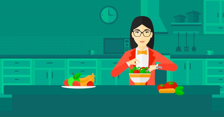 Vector mujer cocinando comida.