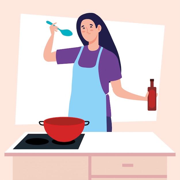 Mujer cocinando con delantal con estufa y suministros de cocina