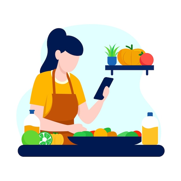 mujer cocinando mientras mira tutoriales en el teléfono concepto de tutorial culinario digital virtual
