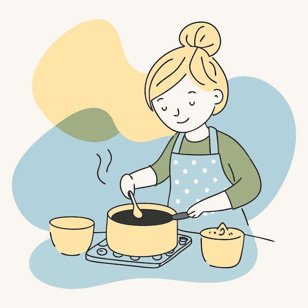 una mujer cocinando en una olla con una burbuja en la parte superior