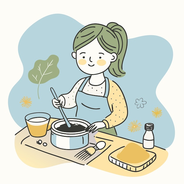 una mujer cocinando en una olla con una hoja en ella