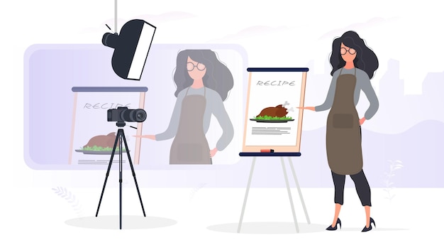 Mujer cocinera en la cocina sigue liderando un vlog culinario. Una niña con un delantal de cocina sostiene un pollo frito. Vector.