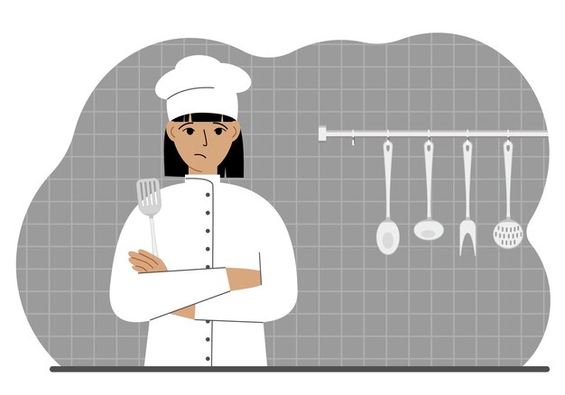 Mujer cocinera triste sostiene una espátula de cocina en su mano Vector