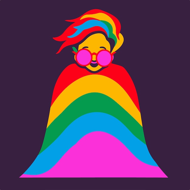 Vector una mujer con los colores del arco iris está envuelta en una manta y la palabra amor está en la parte inferior.