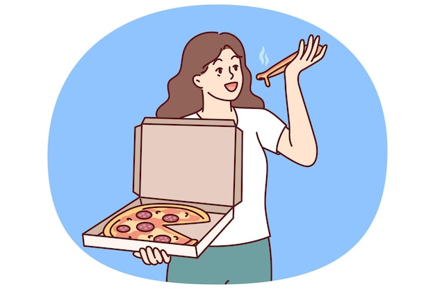 Mujer come pizza y sostiene una caja de aperitivos de un restaurante italiano con entrega a domicilio