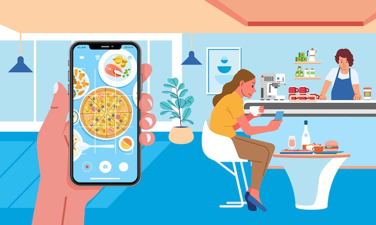 Vector mujer comedor y teléfono de mano tomando una foto de comida para la cena en el moderno coffehouse barista cliente