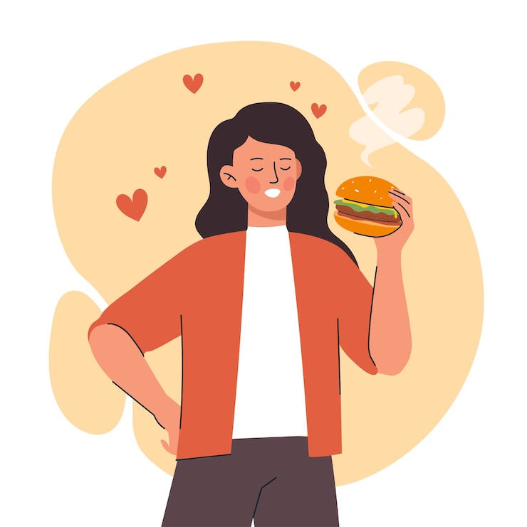 Vector mujer, comer, hamburguesa
