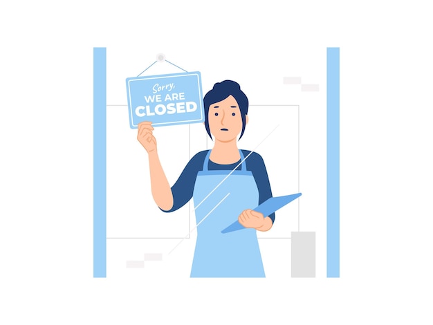 Mujer comerciante cafetería trabajador barista cafetería con cartel cerrado ilustración de concepto de tablero
