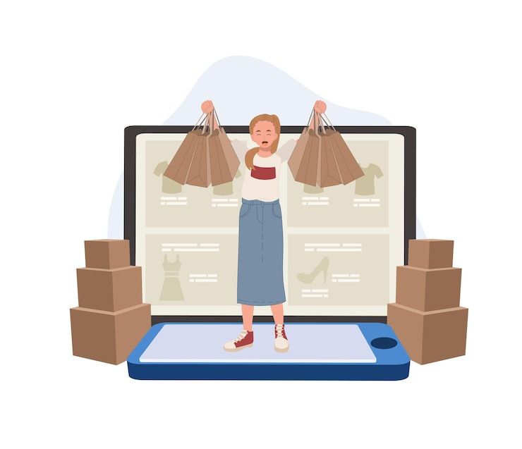 Vector mujer de comercio electrónico de concepto de compras en línea con bolsas de compras en ambas manos disfruta de compras en línea desde el vector de ilustración plana de teléfono inteligente