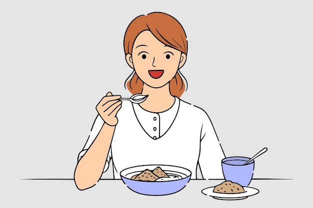 mujer comiendo un arroz curry con una línea de sonrisa con ilustración vectorial plana