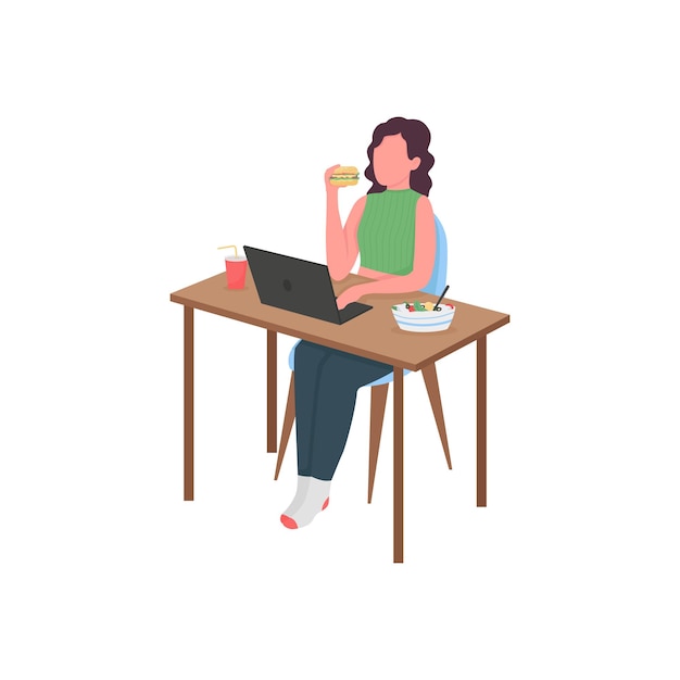 Mujer comiendo en el escritorio de la computadora ilustración de color plano