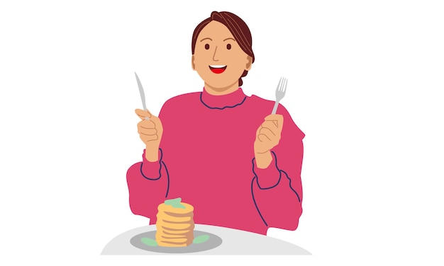 Mujer comiendo panqueques para el desayuno