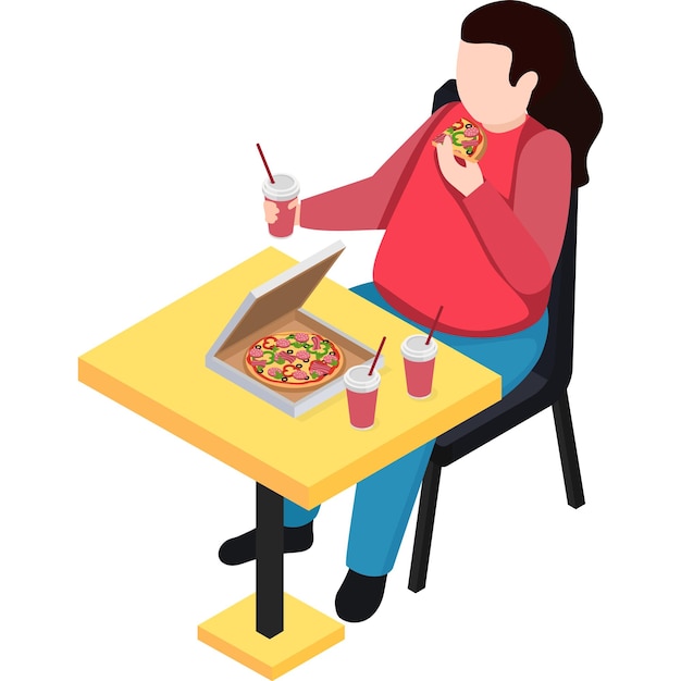 Una mujer comiendo pizza en una mesa con una taza de refresco y una pajita.