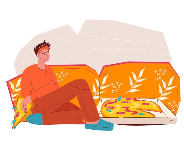 Mujer comiendo pizza sentada en el sofá y disfrutando de comida rápida vector relajante