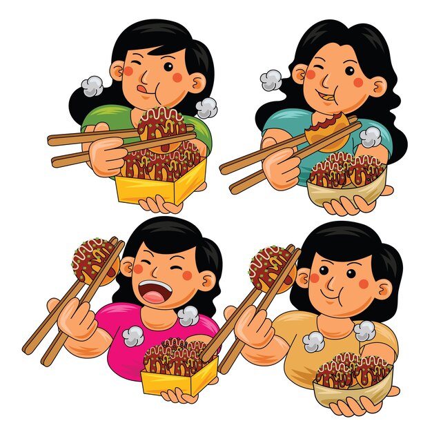 Mujer comiendo Takoyaki comida japonesa