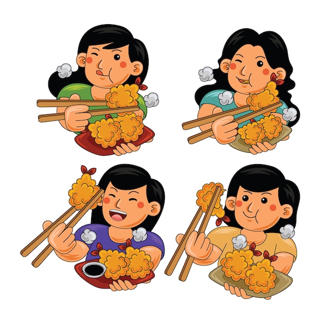 Mujer comiendo Tempura comida japonesa