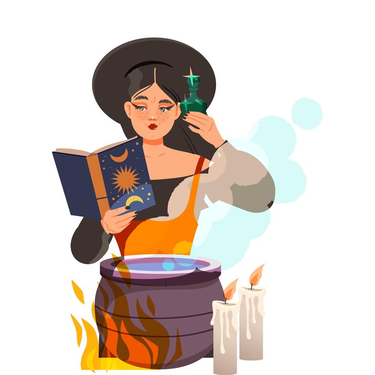Vector mujer como adivina o hechizo de lectura psíquica en caldero hirviendo predicción del futuro o realización de ilustración vectorial ritual oculto