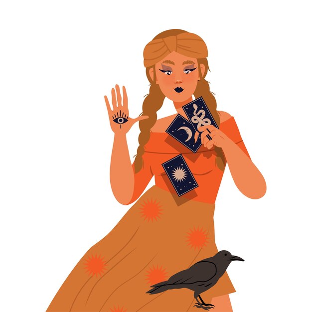 Mujer como adivina o psíquica sosteniendo cartas de tarot prediciendo el futuro o realizando ilustraciones vectoriales rituales ocultas