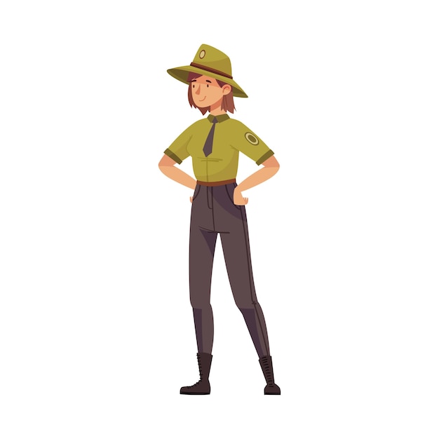 Mujer como guardaparques con sombrero y camisa khaki protegiendo y preservando la ilustración vectorial del parque nacional
