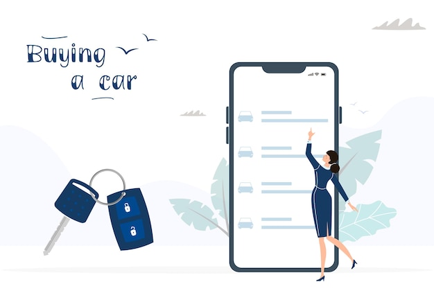 La mujer compra un automóvil en línea en el teléfono concepto de compra de automóvil compra de automóvil ilustración vectorial